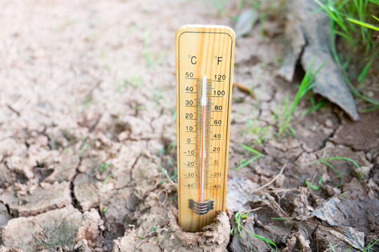 Heatwave in summer, dry soil, thermometer on sunny hot day, weather forecast in summertime, measure the temperature