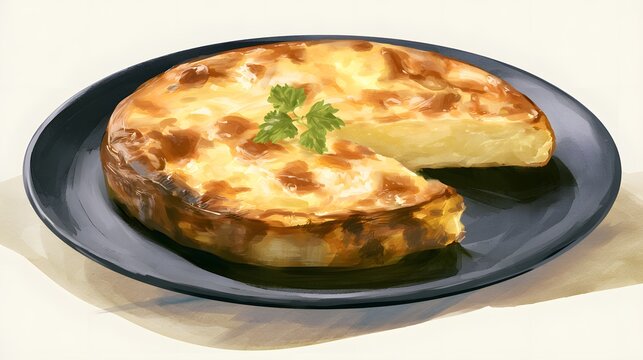 Warm potato tortilla close up showcases rustic charm and fresh herb garnish on a dark plate