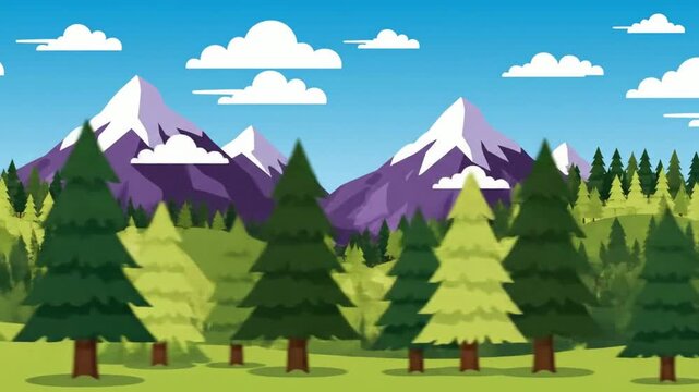 Serene Cartoon Pine Forest and Snowy Mountain Panning Landscape