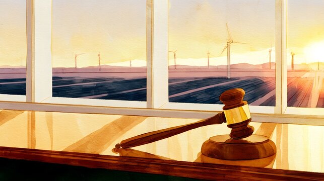 Sustainable Future A Gavel on Wood Desk Sunset Wind Turbines Solar Panels Landscape Concept