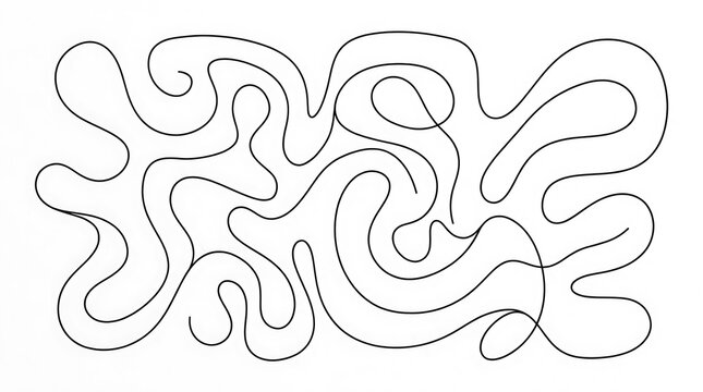Continuous line abstract maze pattern. Minimalist black and white flowing path design.