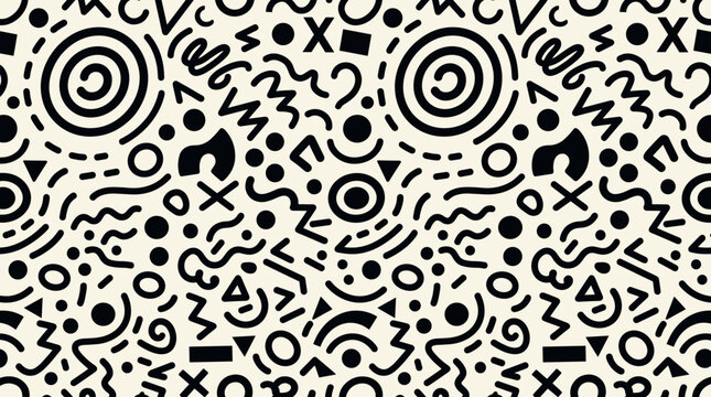 Abstract memphis pattern with doodle shapes circles and squiggles on off white background