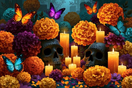 Butterflies Among Candlelit Marigolds and Memorial Skulls