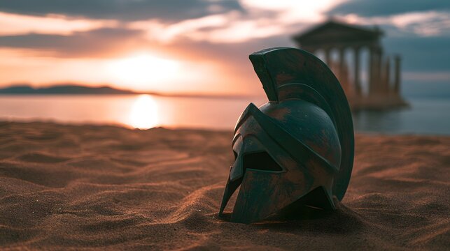 Ancient Spartan Helmet on Golden Sand at Sunset Reflects Serene Coastal History