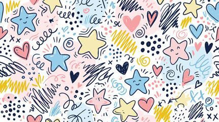 Fototapeta premium Abstract doodle background pattern with cute stars, hearts, and scribbles