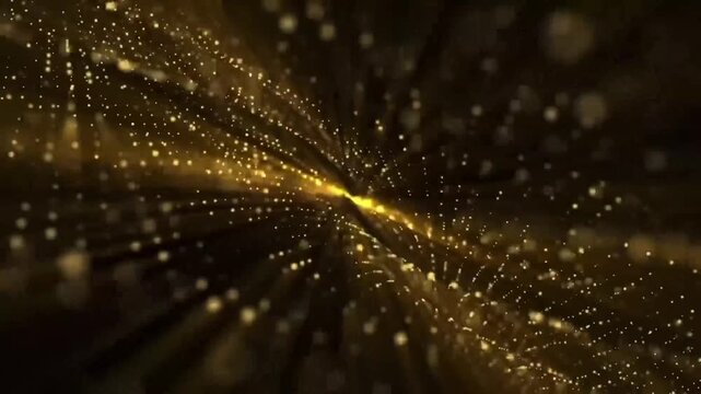 Shining gold glitter particles spiraling in dynamic light beams loop background