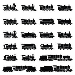 Obraz premium Collection of retro steam locomotive train icons in black silhouette style with steam engine locomotive transport silhouette transportation industrial technology traveling collection isolated