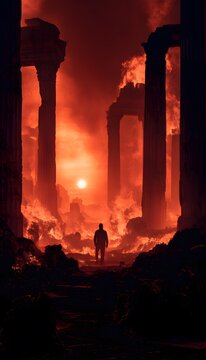 Ruins Ablaze A Lone Figure Amidst Ancient Roman Destruction Fiery Sunset Drama