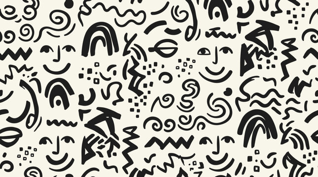 Abstract hand drawn doodle seamless pattern with smiling faces and various simple shapes