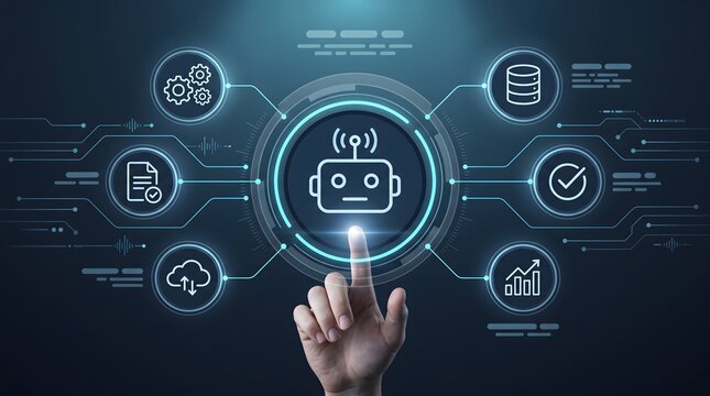 Enterprise AI Dashboard Interface with Hand Touching Robot Icon for Smart Automation