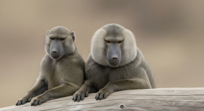 Two wild chacma baboons sitting together on a fallen tree log in the African savanna with a soft blurred neutral background capturing their intense gaze and detailed textured fur coats