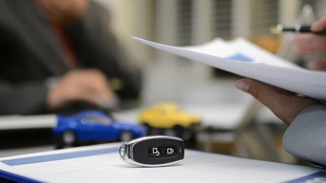 Car sale or rental concept, Closeup Dealership manager signing car insurance document or lease paper contract. Customer with car dealer agent making deal, sign on agreement document contract in office