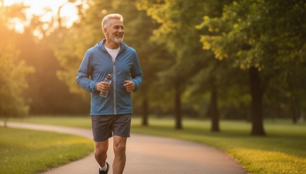 Older man jogging mid-stride with a joyful expression on a scenic park path during the warm light of golden hour
