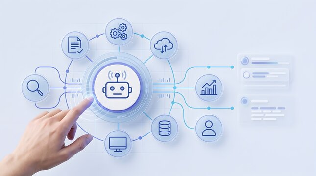 Hand Pressing Robot Icon on Digital Interface Representing Robotic Process Automation