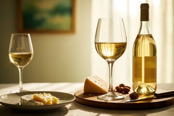Obraz premium Glass of cold white wine stands on wooden board beside piece of hard cheese. Plate holds sliced brie snack. Romantic date dinner setting on table with almonds. Light morning sun shines through window