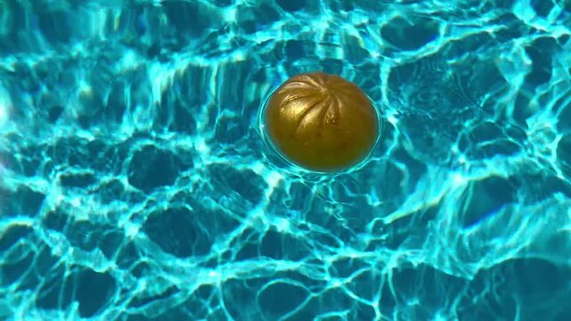 Cute dumpling squishy toy with a smiling face floating on crystal clear blue swimming pool water. Trendy stress relief sensory toy, summer relaxation, playful lifestyle and minimal creative concept.