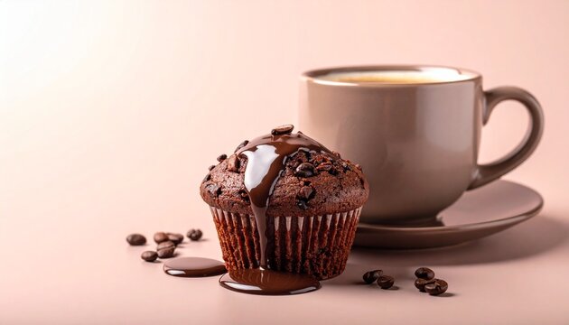 Chocolate muffin with sweet syrup and a cup of aromatic coffee on a pink background for a delicious breakfast