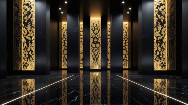 Luxury minimalist gilded gold fractal architectural foyer backdrop, black obsidian 3D render