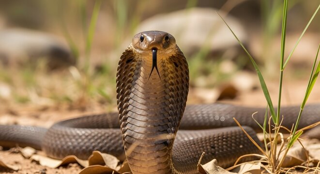King cobra snake with a flared hood and extended tongue captured in a natural outdoor habitat with soft sunlight illuminating the textured scales and dry earth surroundings of the desert