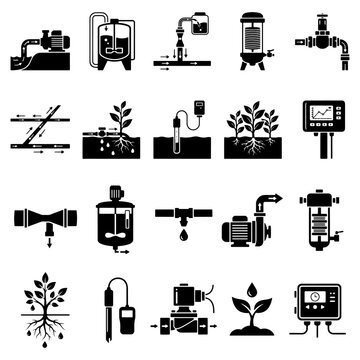 Drip Irrigation Fertigation System Soil Sensor and Smart Agricultural Equipment Vector Icon Set Isolated on White Background