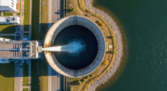 Massive industrial cooling tower structure with water discharging into a reservoir, aerial perspective