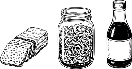 Dibujo a mano de pan rebanado, un frasco de vidrio lleno de fideos y una botella de salsa sobre fondo blanco © Milon