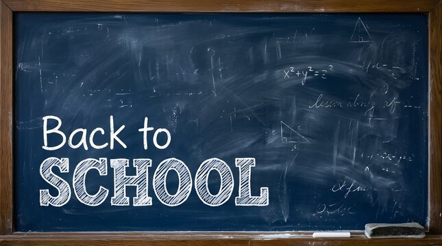 Back to school concept with text written on a chalkboard with math formulas and geometric shapes in the background