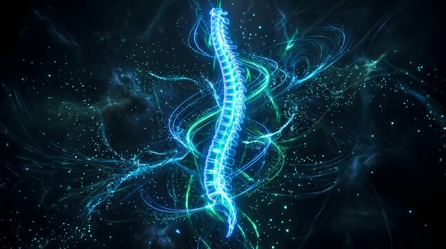 Digital Illustration of a Human Spine Represented with Glowing Neon Blue Light Energy and Abstract Neural Pathways in a Dark Sci-Fi Background
