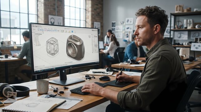 Industrial designer working on a creative 3D product modeling project in a modern collaborative office workspace