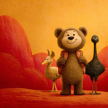 A cheerful cartoon bear wearing a backpack explores the vibrant Australian outback alongside an emu and a bilby set against textured red hills