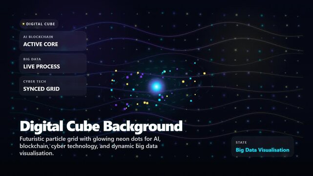 Digital Cube Background with Futuristic particle grid and glowing neon dots for AI, blockchain, cyber technology, and dynamic big data visualization