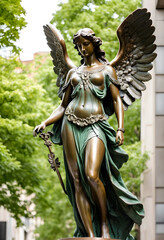 Fototapeta premium Bronze angel statue with wings and flowing green drapery, classical art and mythology, outdoor garden sculpture