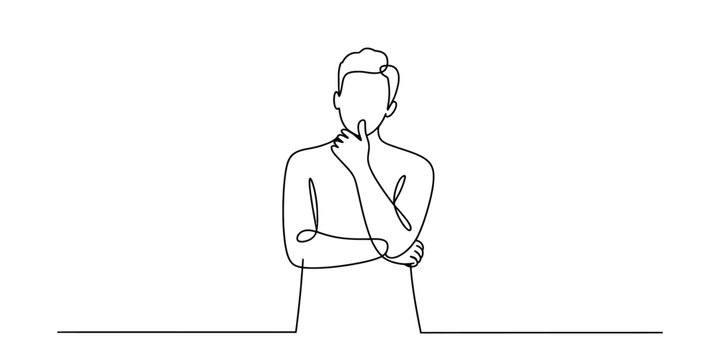 Continuous line drawing of a man thinking with hand on chin Vector, illustration