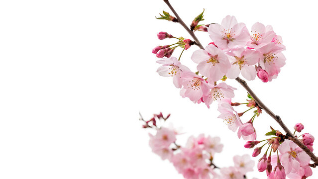 Beautiful border branch of blooming pink cherry blossom isolated on transparent background