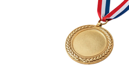 Golden sports medal with ribbon for first place winner isolated on transparent background