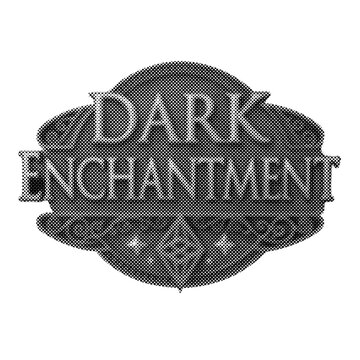Dark Enchantment fantasy game title vector illustration. Grayscale dithered halftone logo design with medieval gothic ornaments and filigree. Vintage shield emblem banner.

