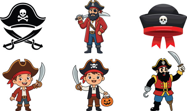 Cartoon pirate character and icon set with captain boy costume sword hook skull hat vector