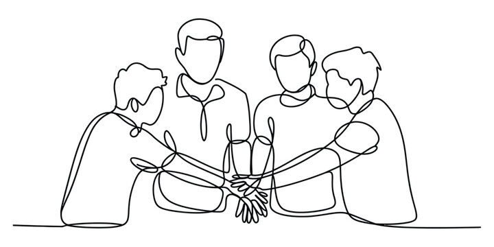 Group of four people joining hands together in a continuous single line drawing Vector, illustration