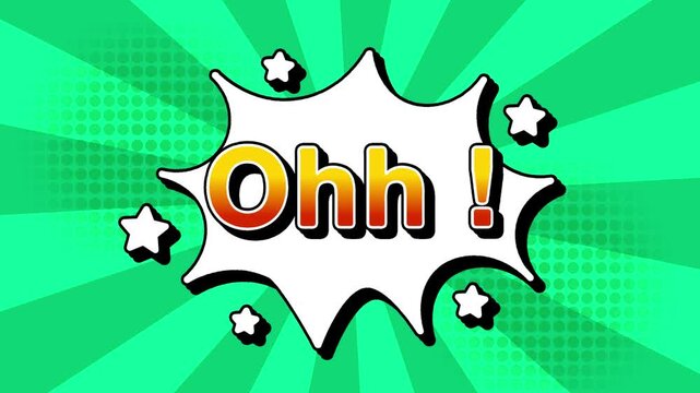 Ohh text word lettering popup comic cartoon reveal with bomb and smoke explosion manga anime book page dots with radial speed lines doodle teal background with seamless loop animation retro clip