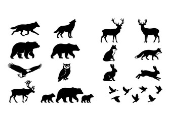 Fototapeta premium Wildlife Animal Silhouette Vector Set Isolated Black Silhouette Collection Bundle for Logo Icon Clipart SVG Cricut Print Design
