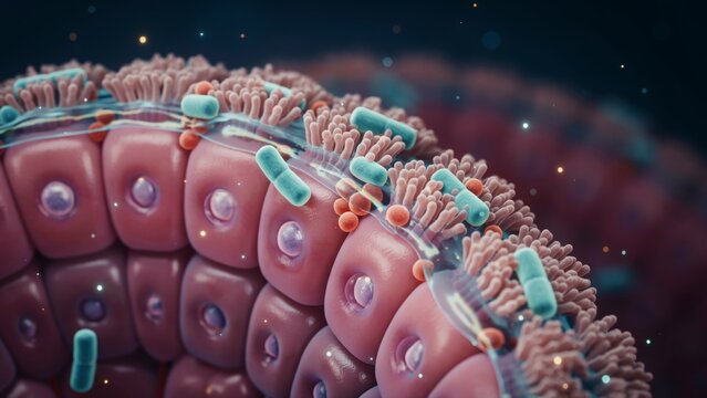 Microscopic view of epithelial cells with cilia and bacteria