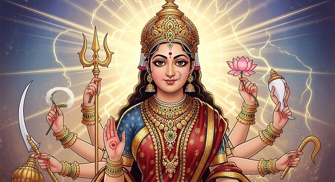 Divine Hindu Goddess with Multiple Arms Adorned in Jewelry in Radiant Halo