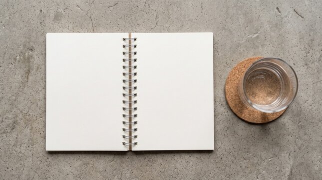High resolution mockup of an open blank sketchbook with metallic spiral binding and a glass cup on leather coaster on concrete