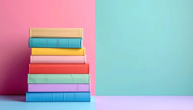 Stack of Colorful Books on a Split Pink and Teal Background.