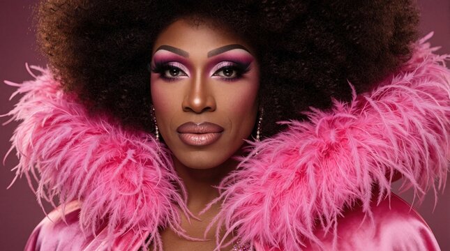 Drag queen wears pink feather cape with dramatic makeup look. Professional performer poses in studio wearing bright outfit. Stylish person with afro hairstyle celebrates lgbt pride theme. Glamorous