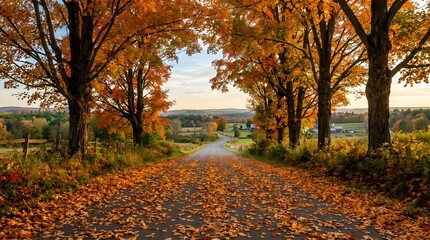 Naklejka premium Empty road covered in autumn leaves. Scenic rural path framed by vibrant fall foliage trees.