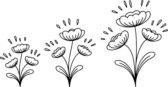 Un conjunto de tres dibujos florales en blanco y negro hechos a mano con flores simples floreciendo sobre blanco