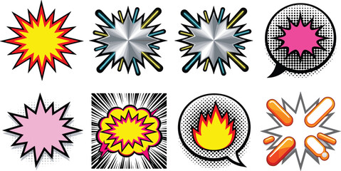 Comic book explosion bubble and pop art speech cloud set with starburst boom flash vector © Lipon