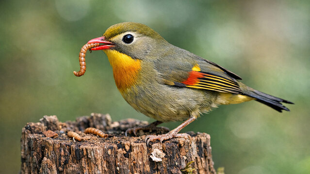 Red-headed bird with a small black eye and orange beak is captured in the act of catching a worm from a wooden branch.