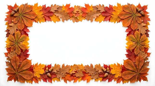 Dense rectangular frame of colorful autumn leaves isolated on a clean white background.